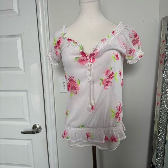Y2K bluenotes Floral White and Pink Women's Top S summer tropical fairy - Picture 2 of 6